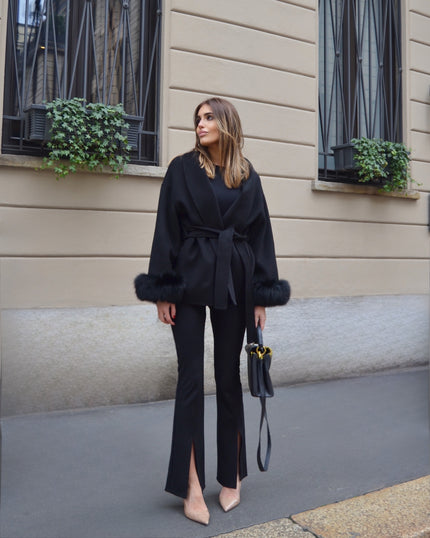 Delina – Cappotto in lana e cashmere con cintura e maniche rimovibili in pelliccia di volpe