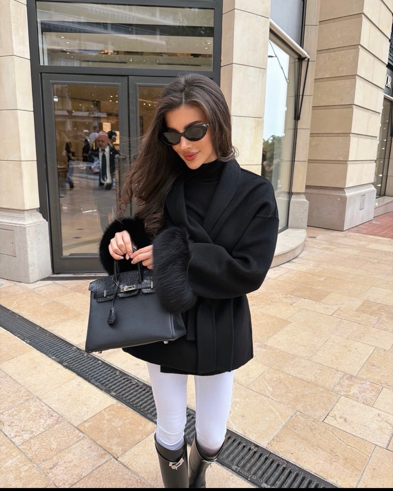 Delina – Cappotto in lana e cashmere con cintura e maniche rimovibili in pelliccia di volpe