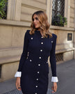 The Victoria Navy Knit Mini Dress with Crystal Buttons
