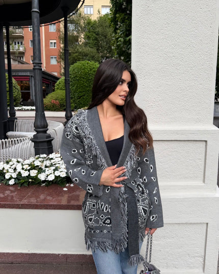 Grey Jacquard Cardigan with Belt