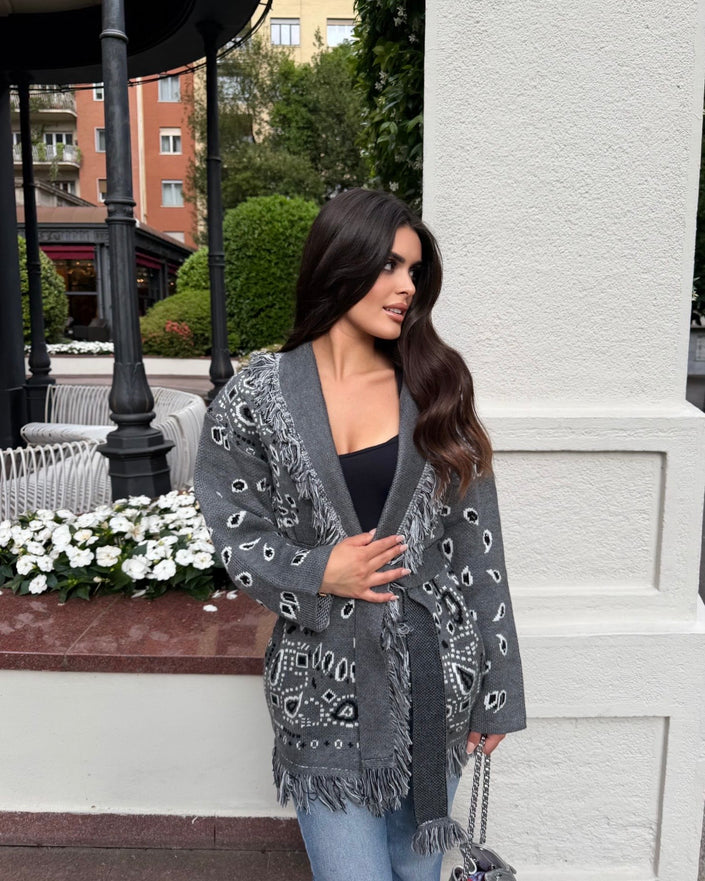 Grey Jacquard Cardigan with Belt