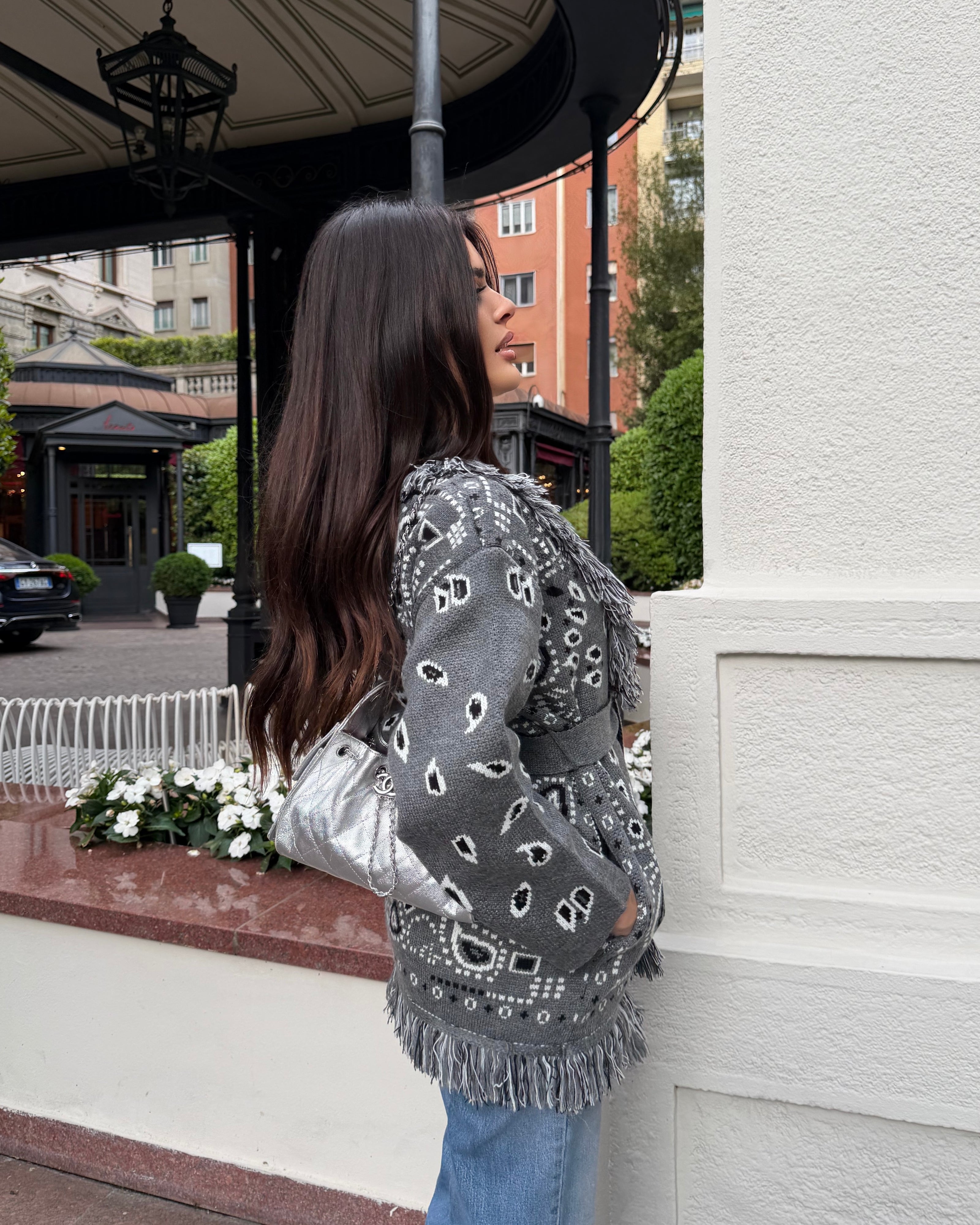 Grey Jacquard Cardigan with Belt