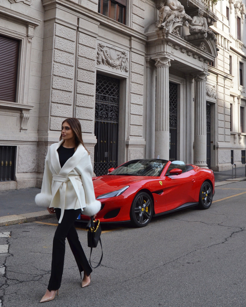 Delina – Wool & Cashmere Coat with Waist Belt and Removable Fox Fur Cuffs