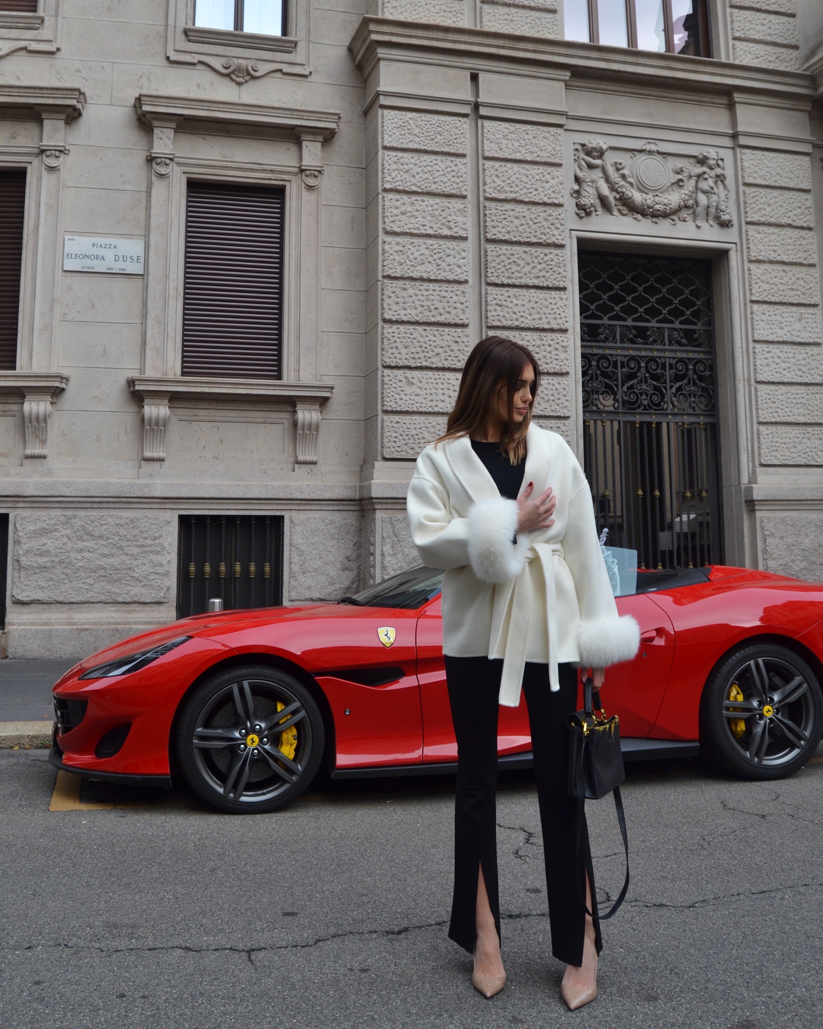 Delina – Wool & Cashmere Coat with Waist Belt and Removable Fox Fur Cuffs