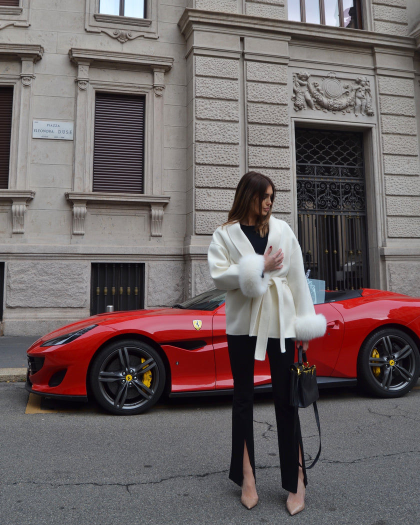 Delina – Wool & Cashmere Coat with Waist Belt and Removable Fox Fur Cuffs