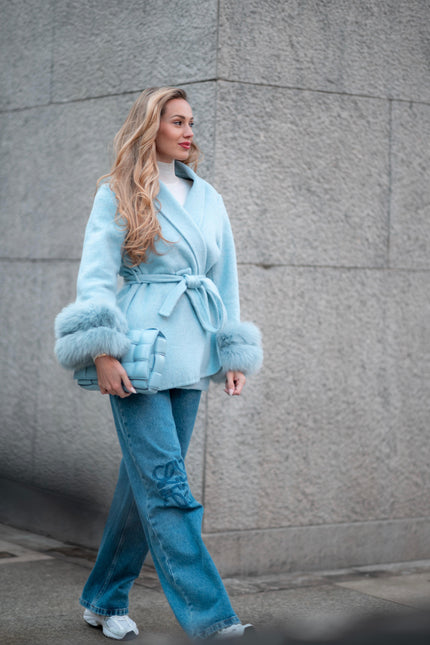 Delina — Short coat in double merino wool with removable fox fur cuffs