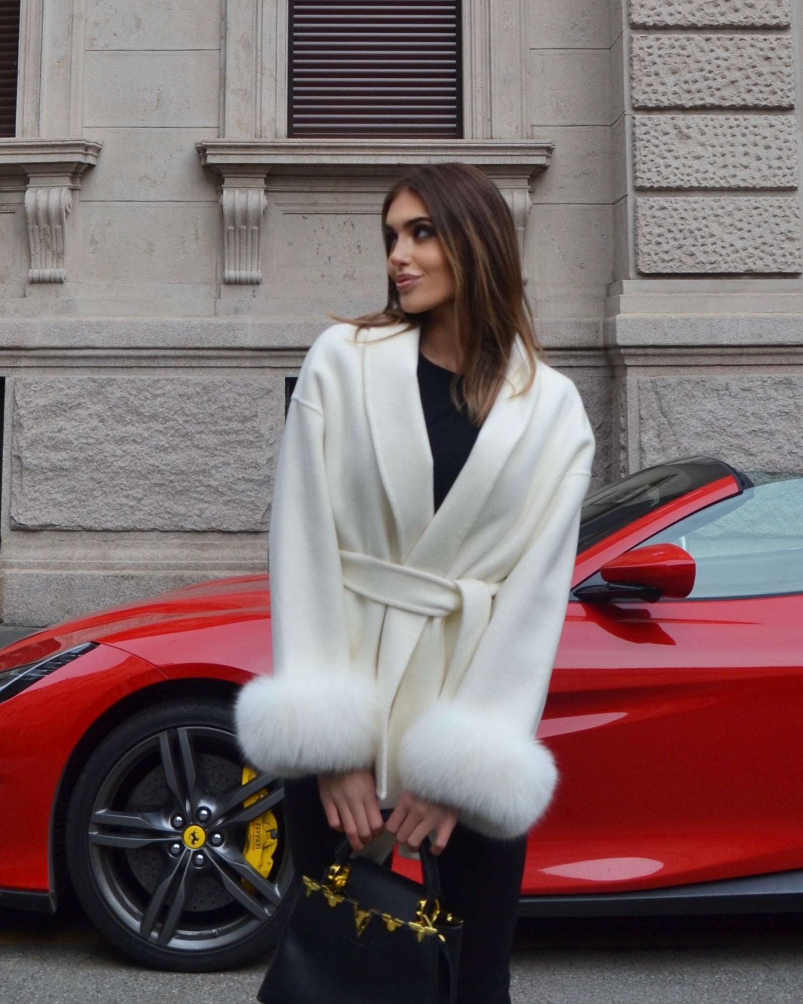 Delina – Wool & Cashmere Coat with Waist Belt and Removable Fox Fur Cuffs