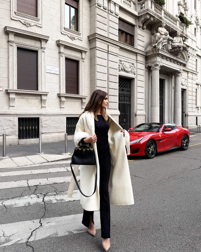 Blair – Cappotto lungo in doppia lana merino con maniche rimovibili in pelliccia di volpe