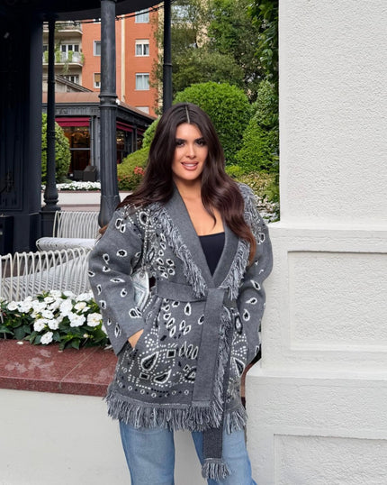 Grey Jacquard Cardigan with Belt