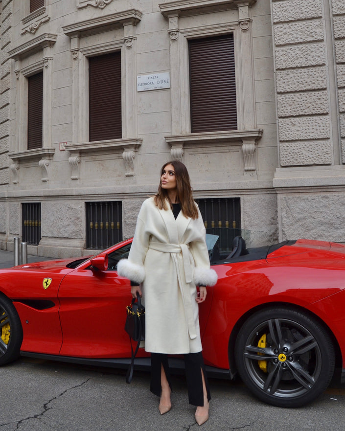 Blair — Long coat in double merino wool with removable fox fur cuffs