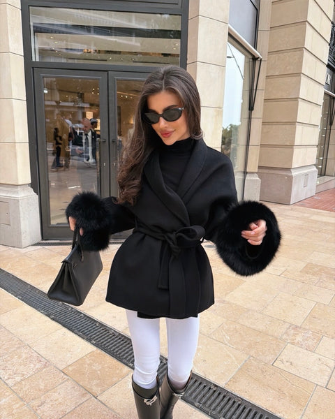 Delina – Cappotto in lana e cashmere con cintura e maniche rimovibili in pelliccia di volpe