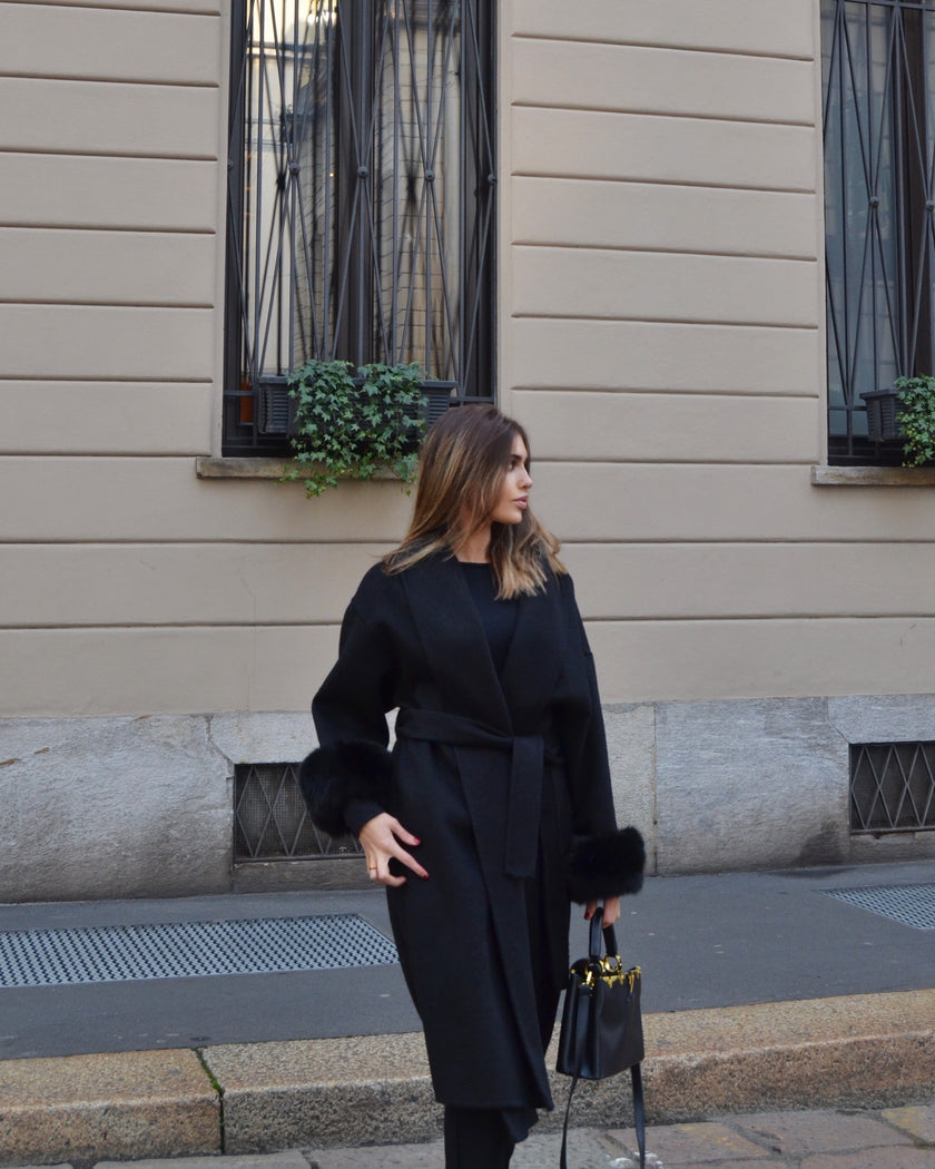 Blair – Cappotto lungo doppia lana merino con maniche rimovibili in pelliccia di volpe