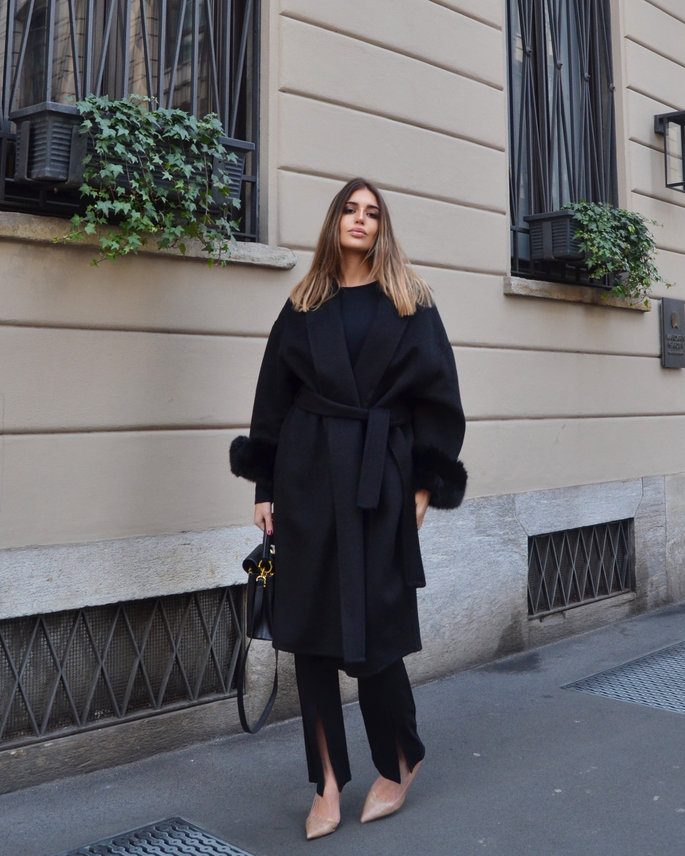 Blair – Cappotto lungo doppia lana merino con maniche rimovibili in pelliccia di volpe