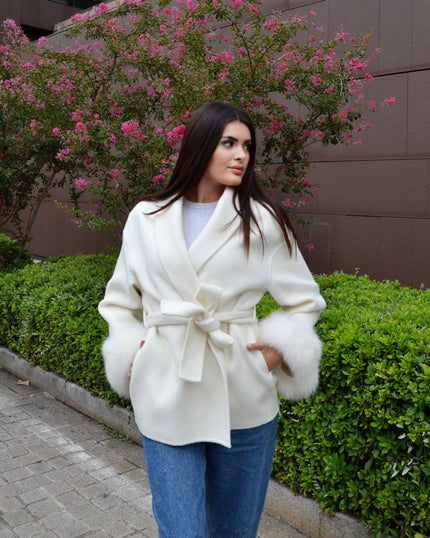 Delina – Wool & Cashmere Coat with Waist Belt and Removable Fox Fur Cuffs