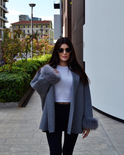 Delina — Short coat in double merino wool with removable fox fur cuffs