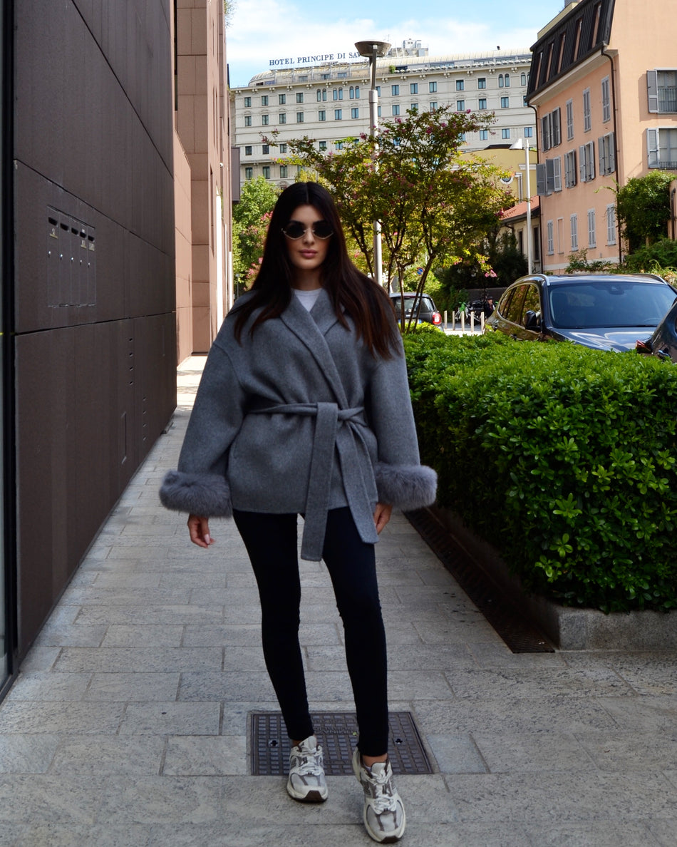 Delina — Short coat in double merino wool with removable fox fur cuffs