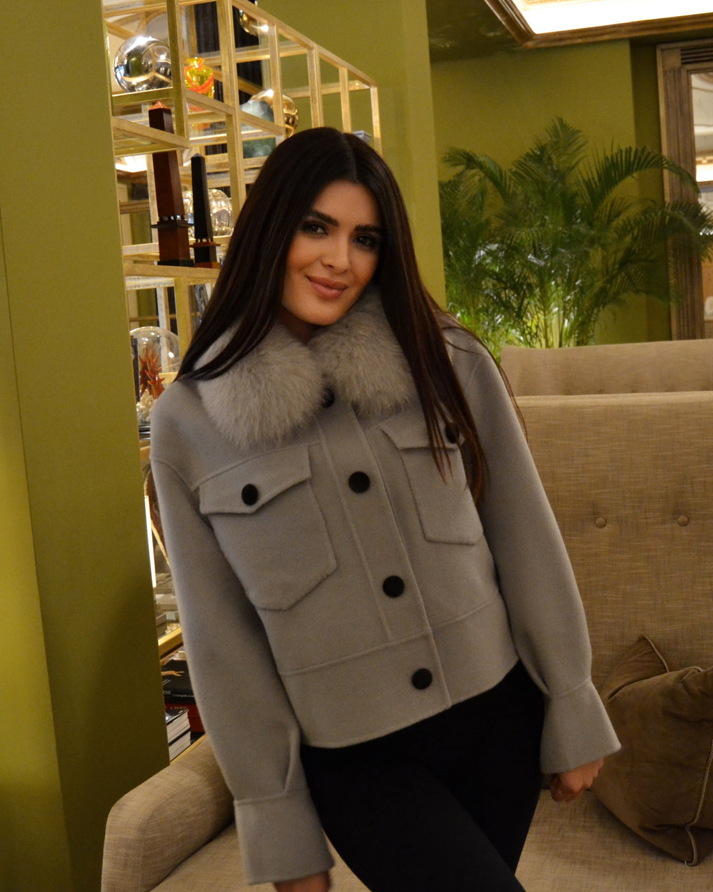 Davina – Cappotto donna in lana e cashmere con bottoni e colletto in pelliccia di volpe