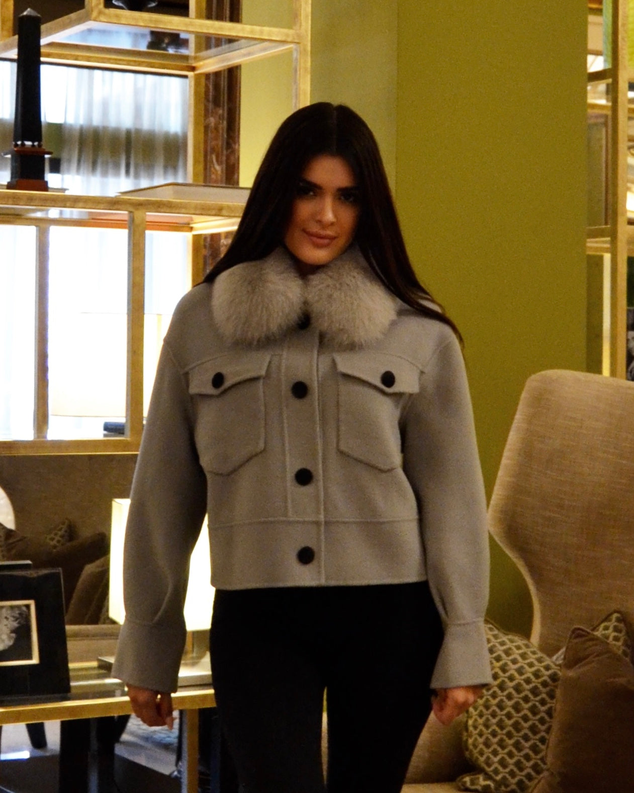 Davina – Cappotto donna in lana e cashmere con bottoni e colletto in pelliccia di volpe