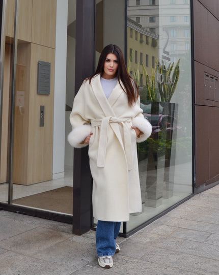 Blair – Cappotto lungo in doppia lana merino con maniche rimovibili in pelliccia di volpe