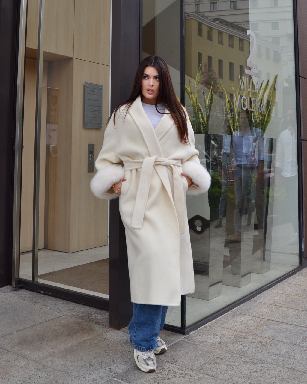 Blair – Cappotto lungo in lana superfine con maniche rimovibili in pelliccia di volpe