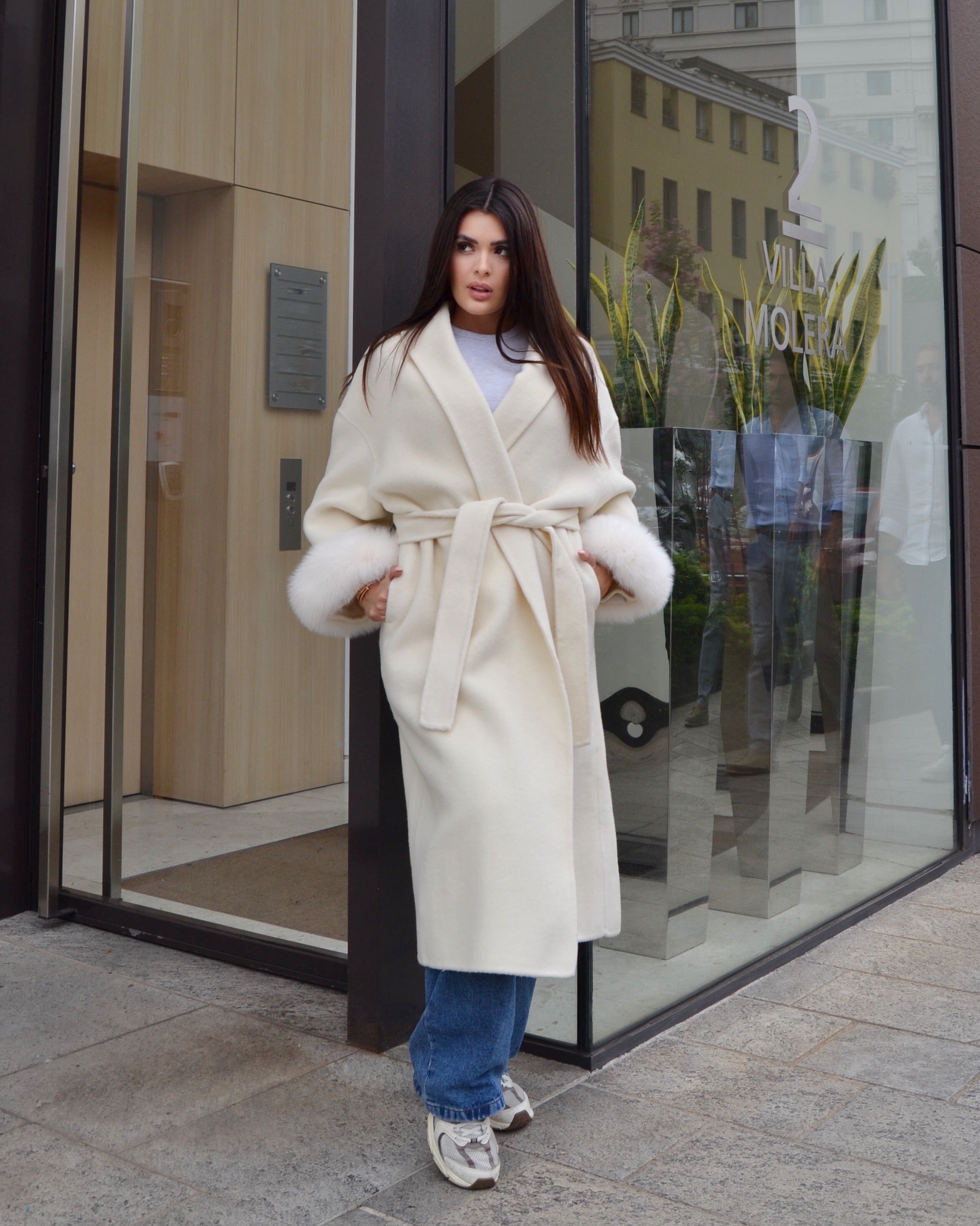 Blair – Cappotto lungo in doppia lana merino con maniche rimovibili in pelliccia di volpe