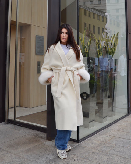 Blair – Cappotto lungo in doppia lana merino con maniche rimovibili in pelliccia di volpe