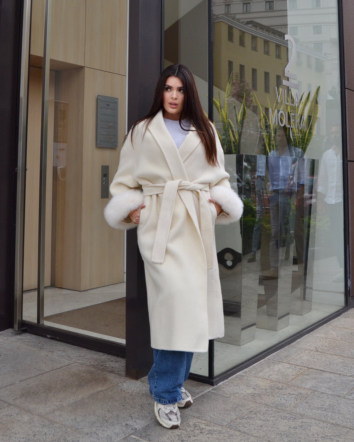 Blair – Cappotto lungo in doppia lana merino con maniche rimovibili in pelliccia di volpe