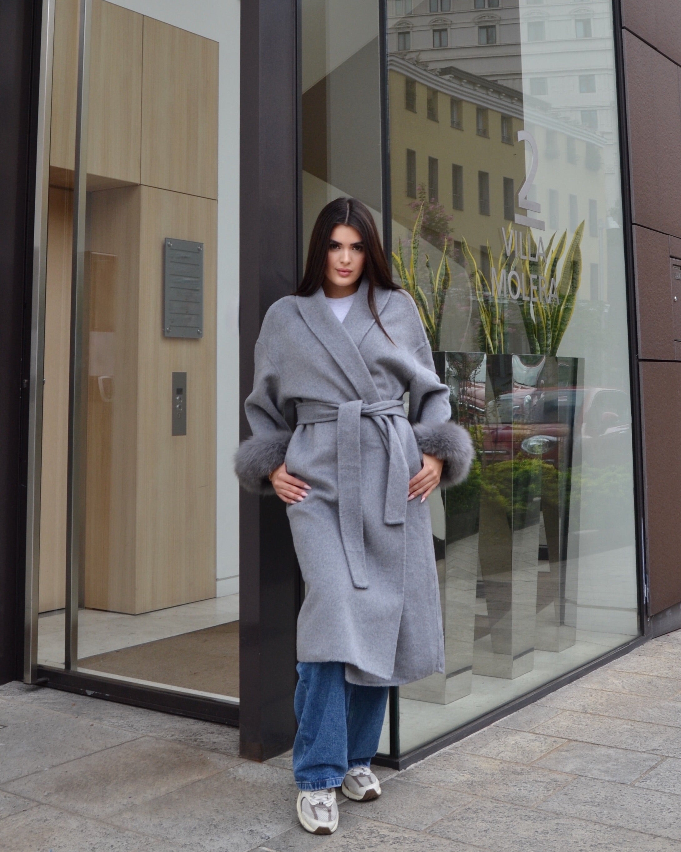 Blair — Long coat in double merino wool with removable fox fur cuffs