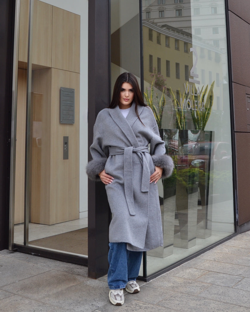 Blair — Long coat in double merino wool with removable fox fur cuffs