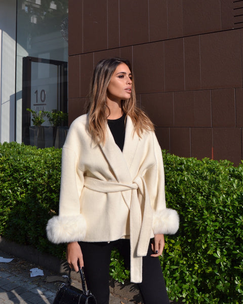 Delina — Short coat in double merino wool with removable fox fur cuffs