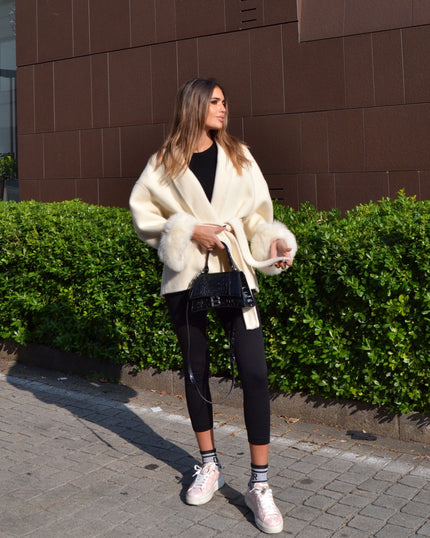 Delina — Short coat in double merino wool with removable fox fur cuffs