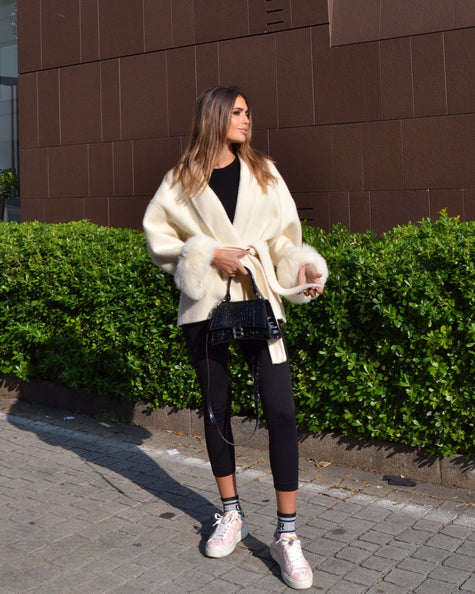 Delina — Short coat in double merino wool with removable fox fur cuffs