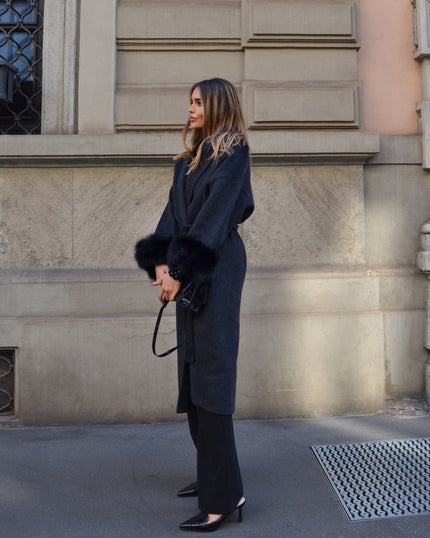 Blair – Cappotto lungo in doppia lana merino con maniche rimovibili in pelliccia di volpe