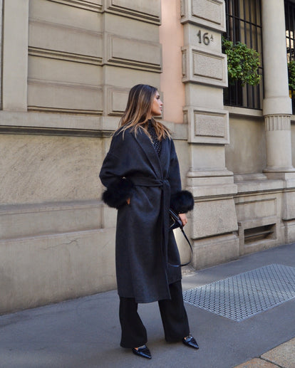 Blair — Long coat in double merino wool with removable fox fur cuffs