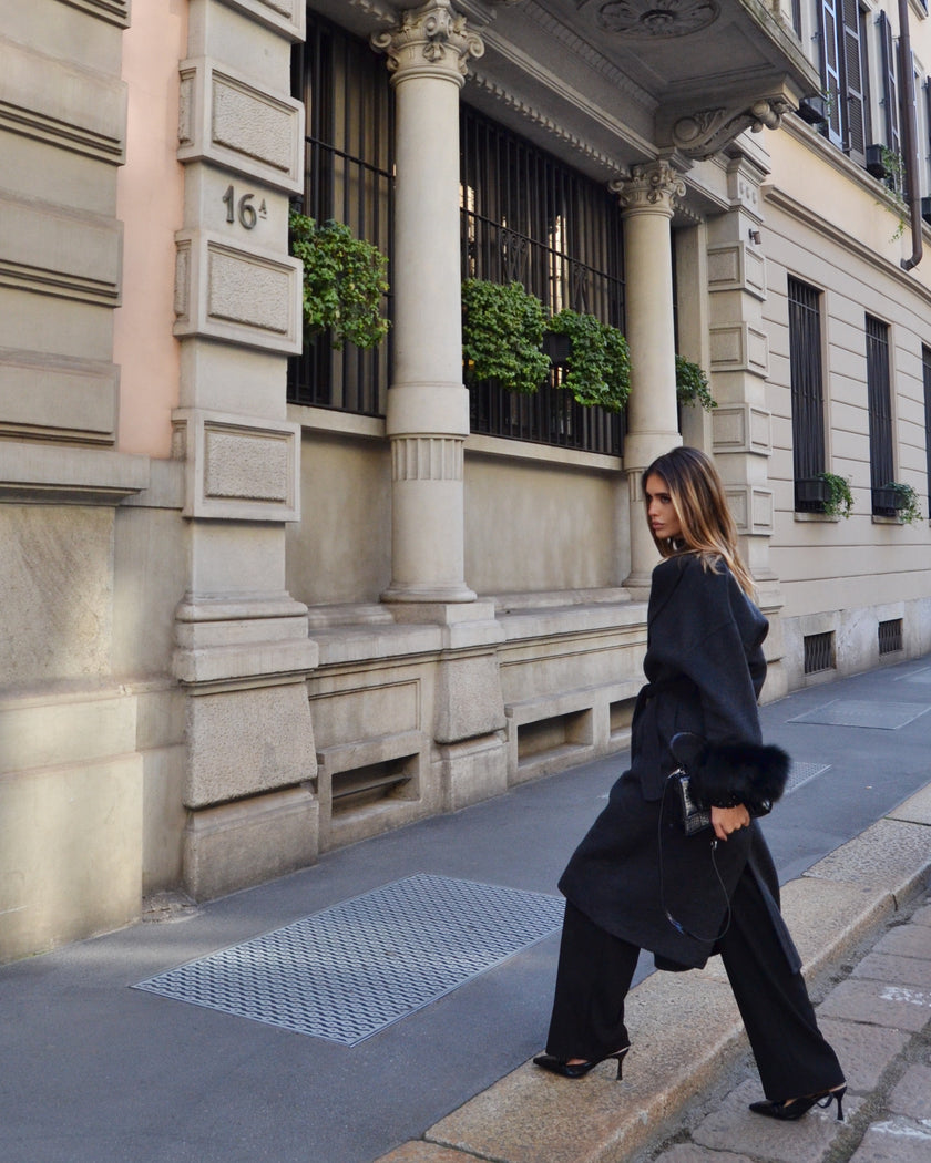 Blair — Long coat in double merino wool with removable fox fur cuffs