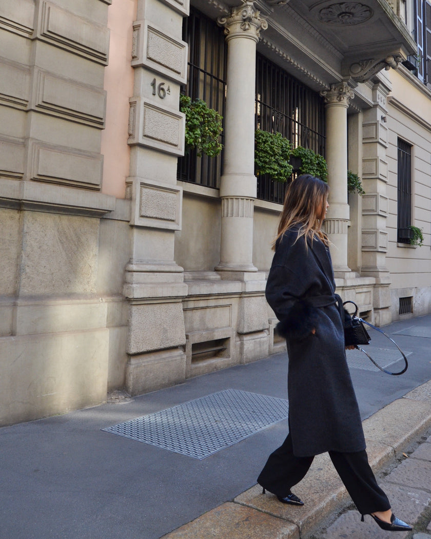 Blair — Long coat in double merino wool with removable fox fur cuffs