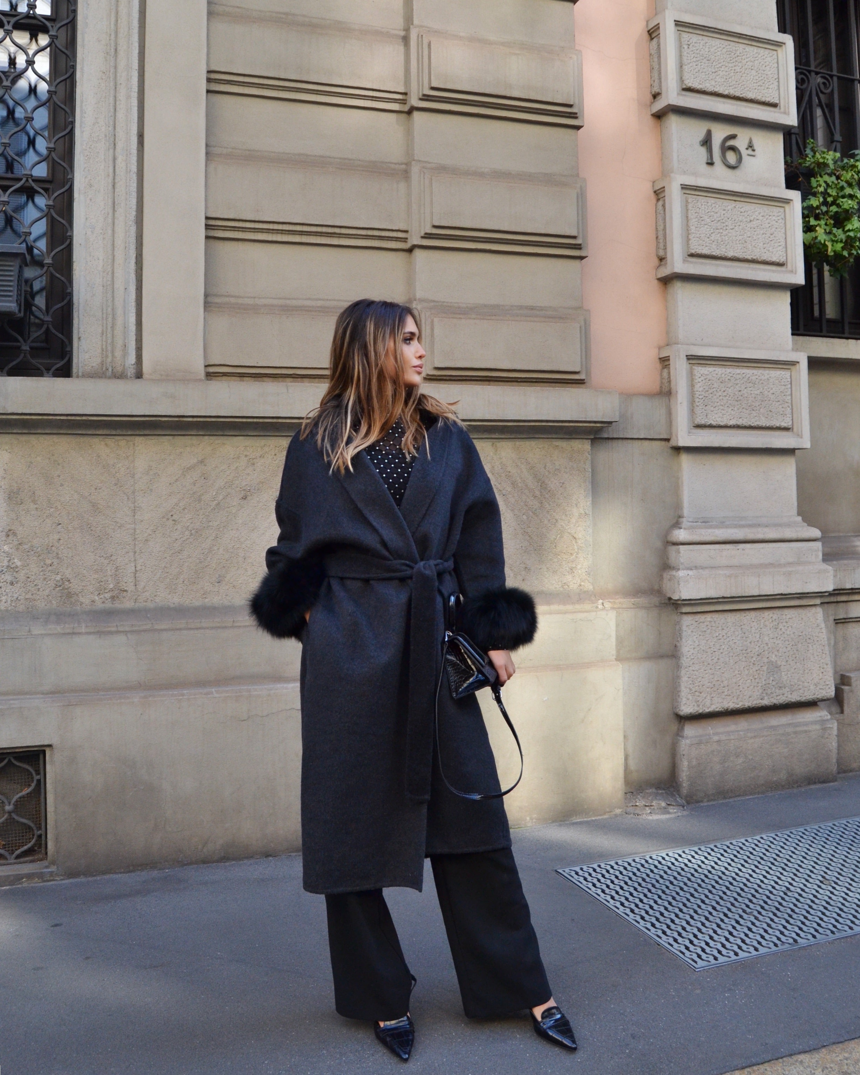 Blair — Long coat in double merino wool with removable fox fur cuffs