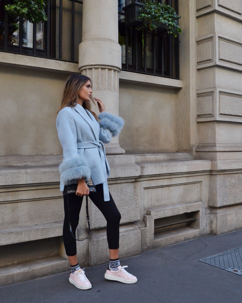 Delina — Short coat in double merino wool with removable fox fur cuffs