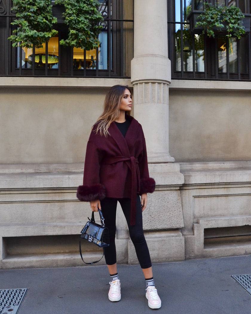 Delina — Short coat in double merino wool with removable fox fur cuffs