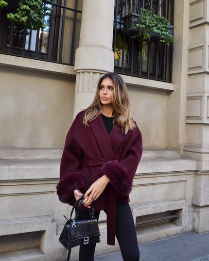 Delina — Short coat in double merino wool with removable fox fur cuffs