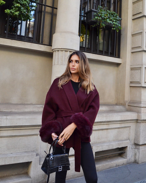 Delina — Short coat in double merino wool with removable fox fur cuffs