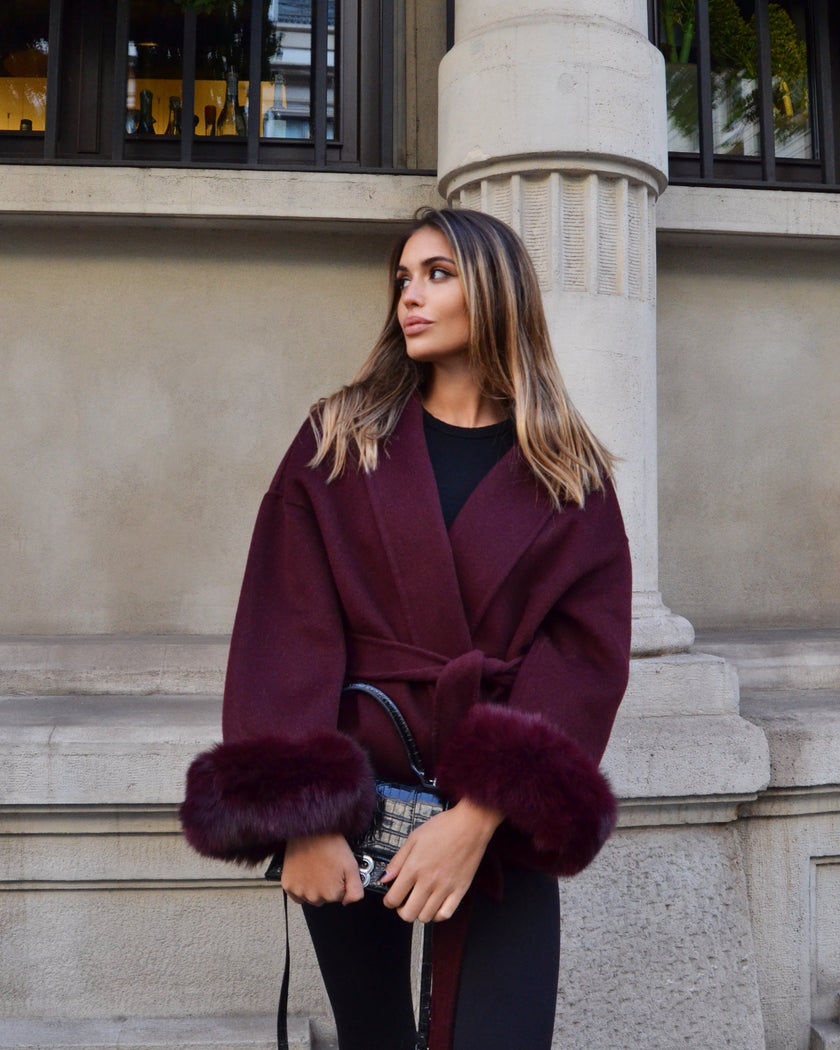 Delina — Short coat in double merino wool with removable fox fur cuffs