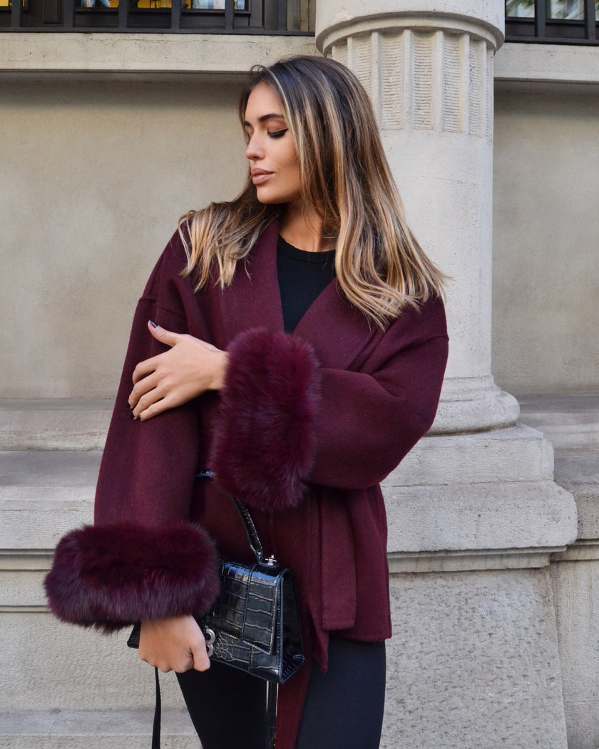 Delina — Short coat in double merino wool with removable fox fur cuffs