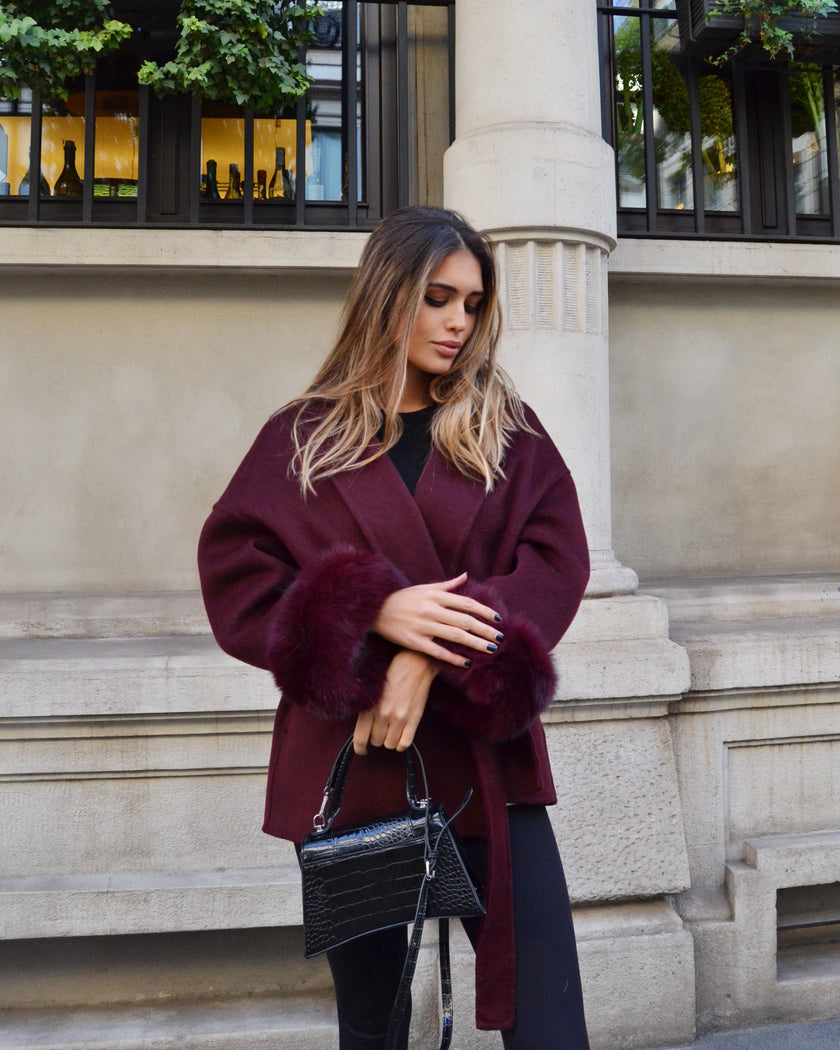 Delina — Short coat in double merino wool with removable fox fur cuffs