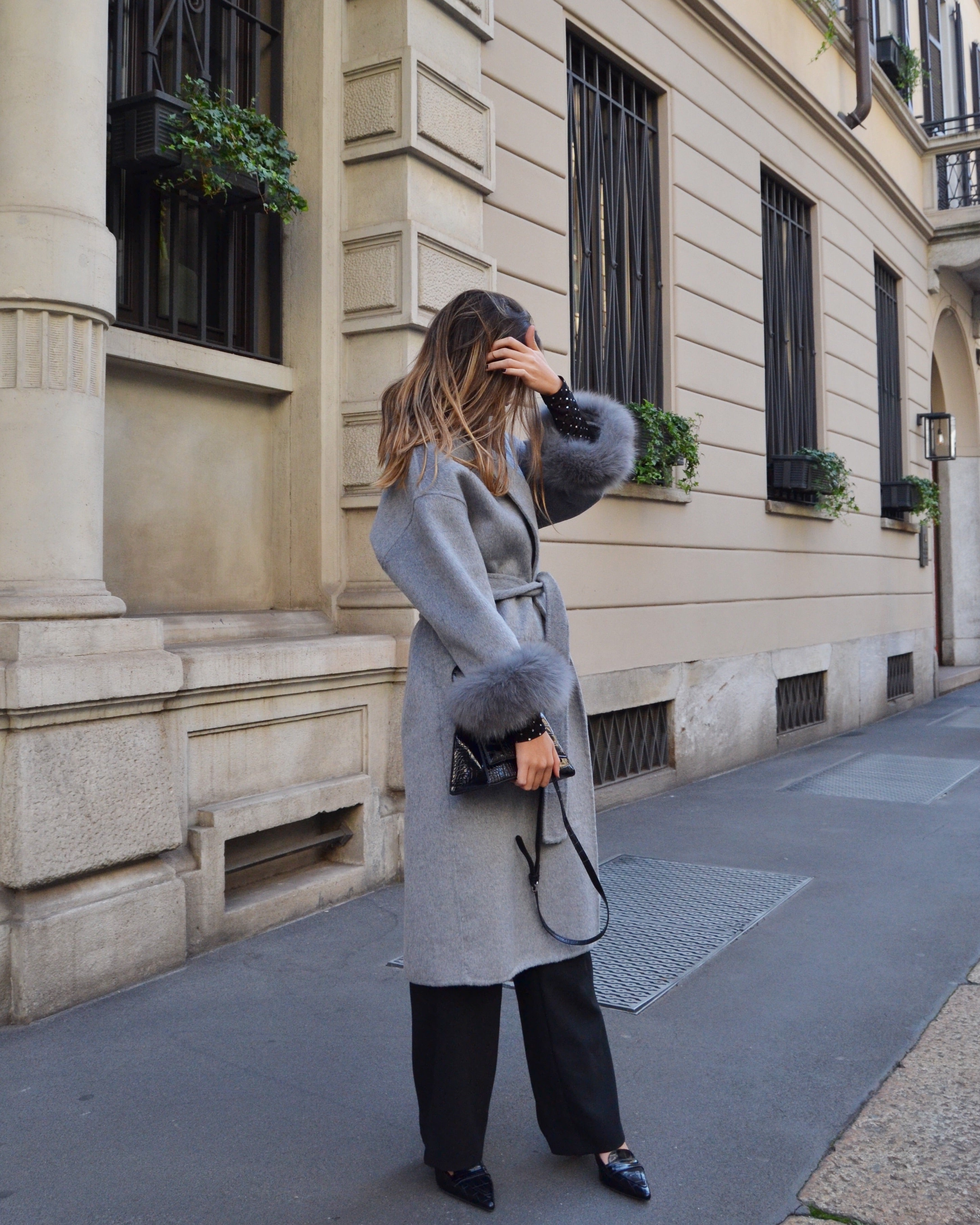 Blair — Long coat in double merino wool with removable fox fur cuffs