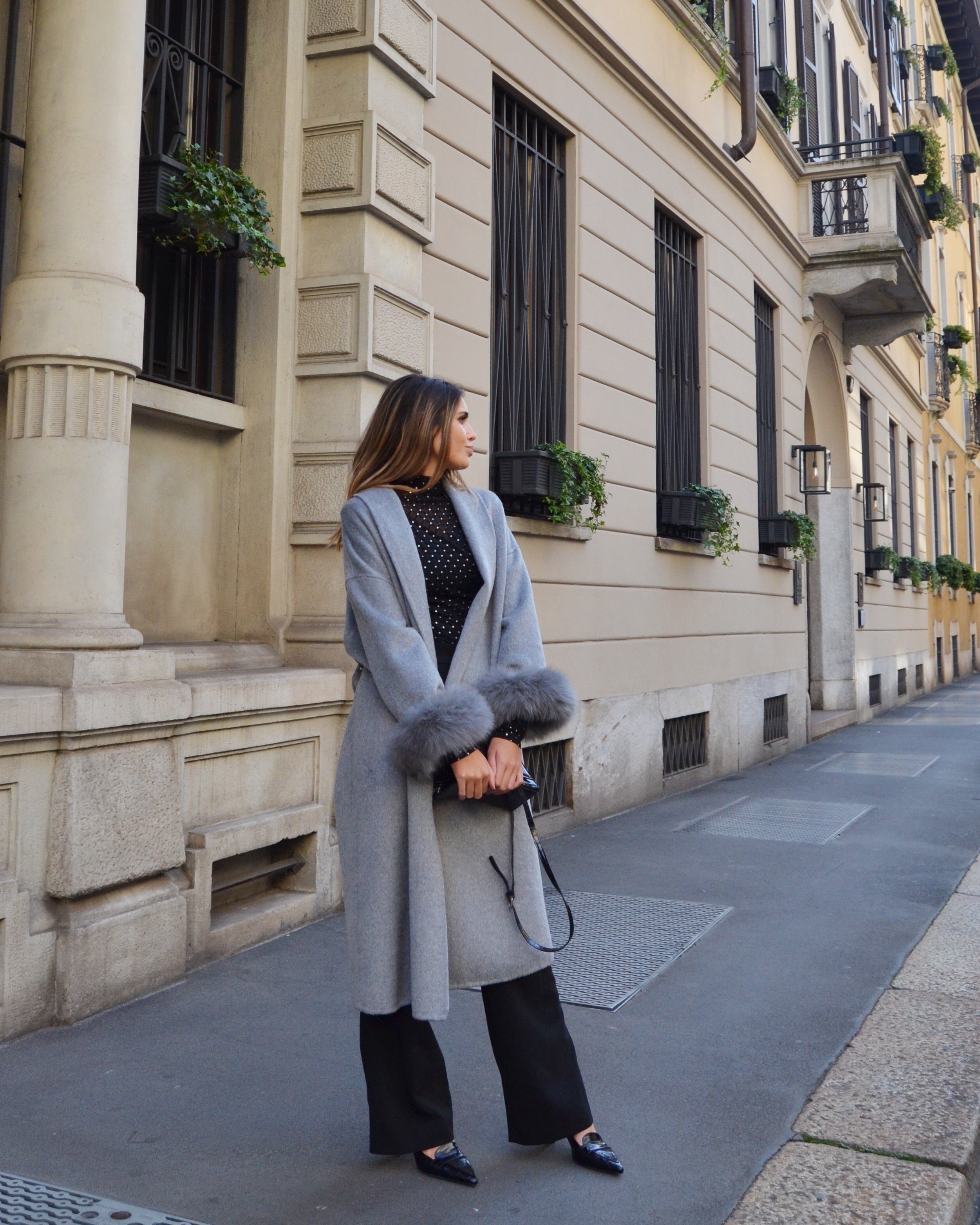 Blair — Long coat in double merino wool with removable fox fur cuffs