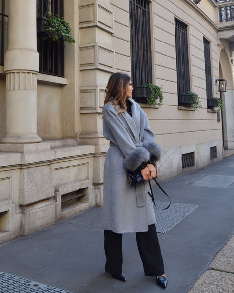 Blair — Long coat in double merino wool with removable fox fur cuffs