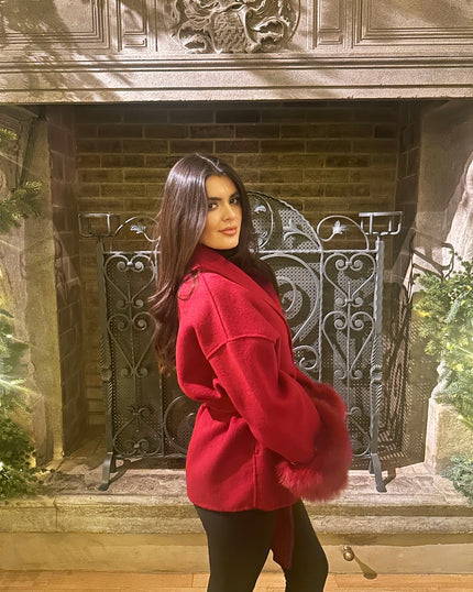 Delina — Short coat in double merino wool with removable fox fur cuffs