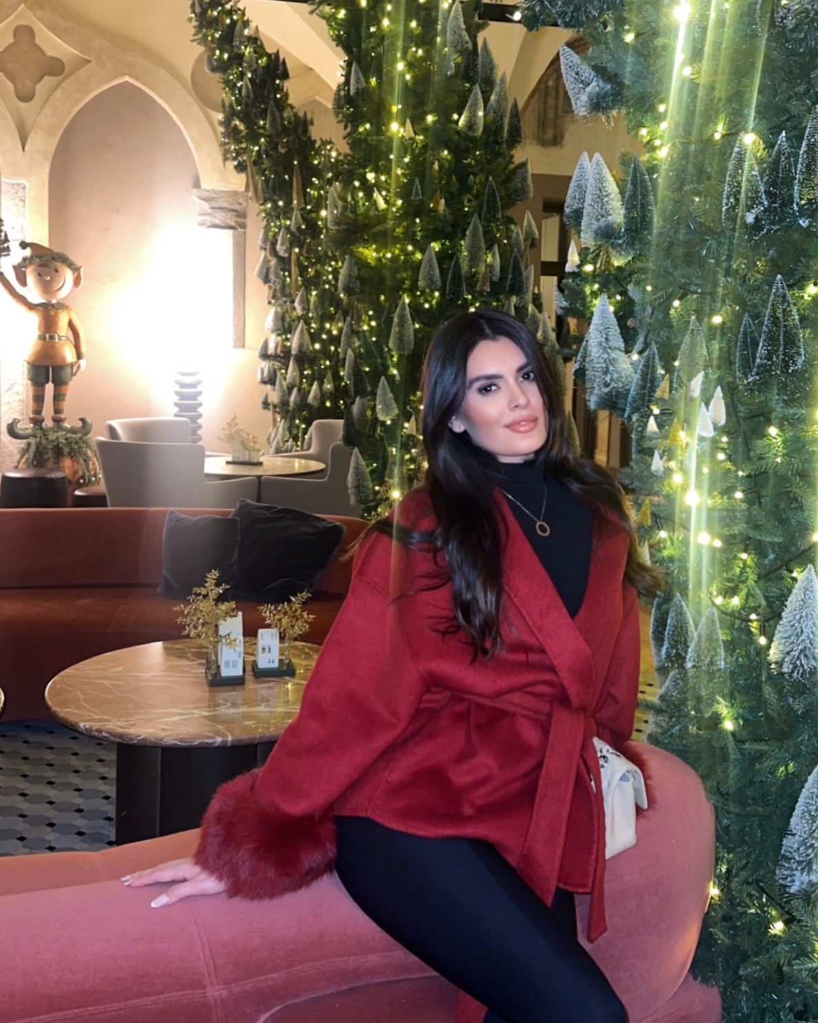 Delina — Short coat in double merino wool with removable fox fur cuffs